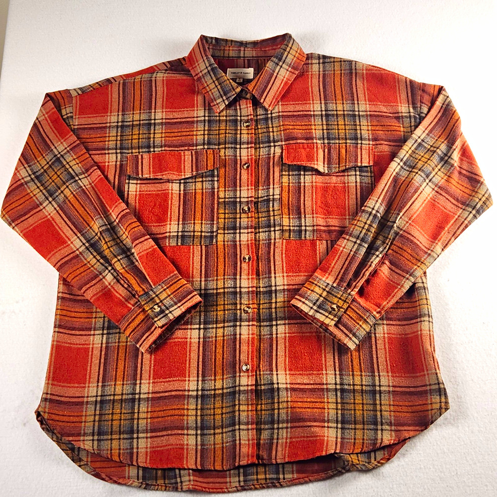 Thread & Supply Men's L Plaid Flannel Button-Up Shirt Pockets Autumn Colors